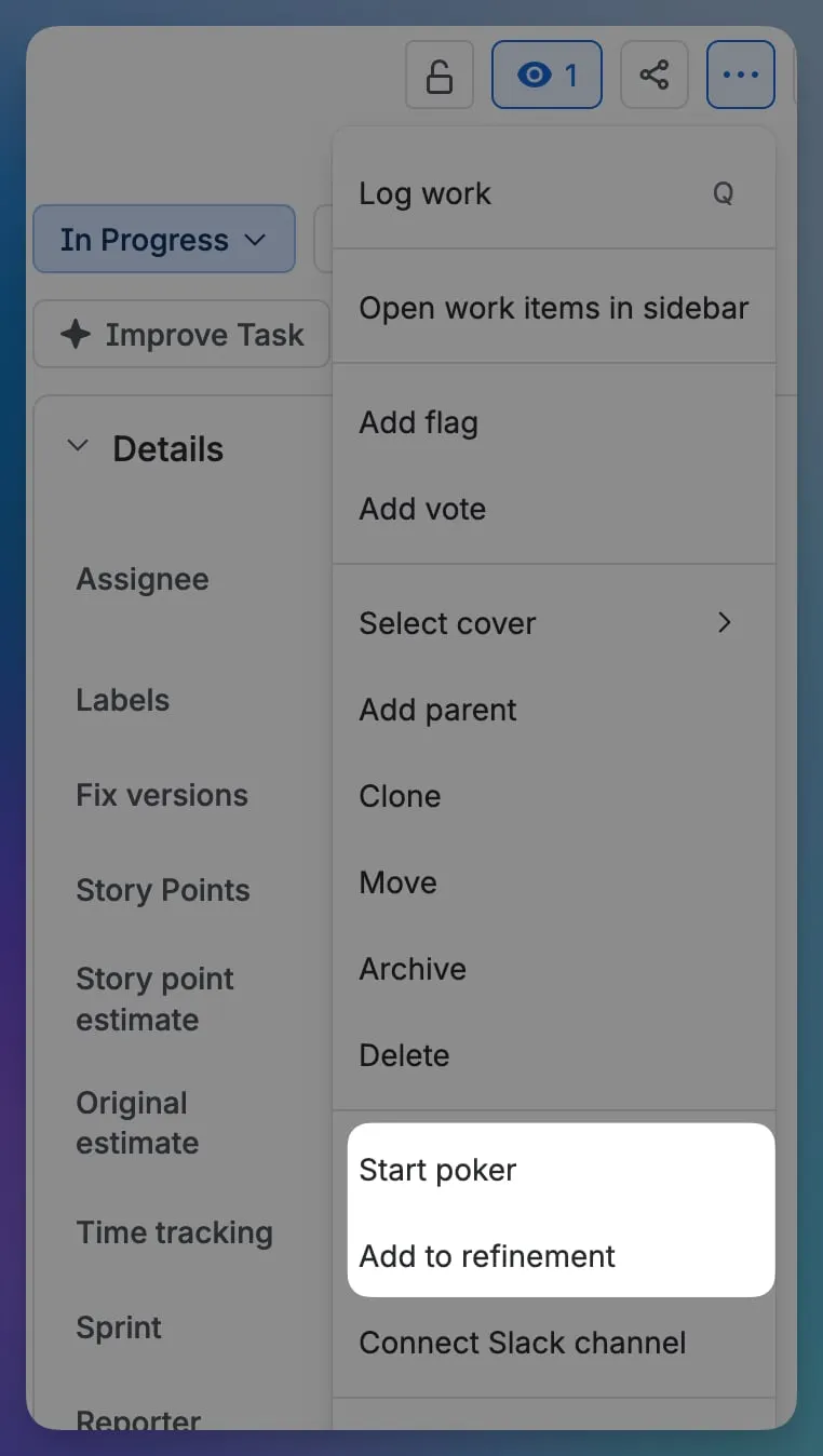 The issue actions menu with Start poker and Add to refinement
