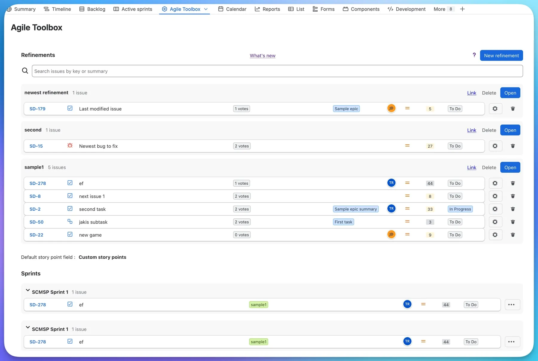 The Refinements tab of the Agile Toolbox project page