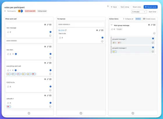 A retrospective board in Jira with three columns, emoji reactions on cards, a vote budget and a Create issues button