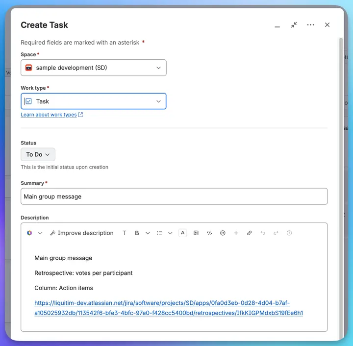 The Jira Create Task dialog opened from a retrospective card, prefilled with the card text as summary and a description naming the retrospective and column, with a link back to the board