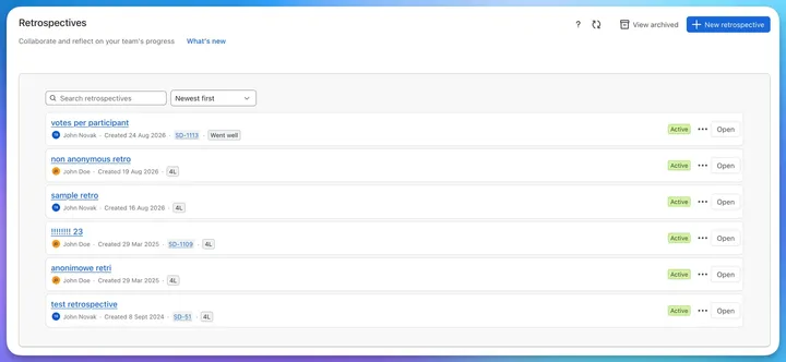 The Retrospectives list in Jira with search, a Newest first sort, and rows showing owner, creation date, linked issues, template and Active status