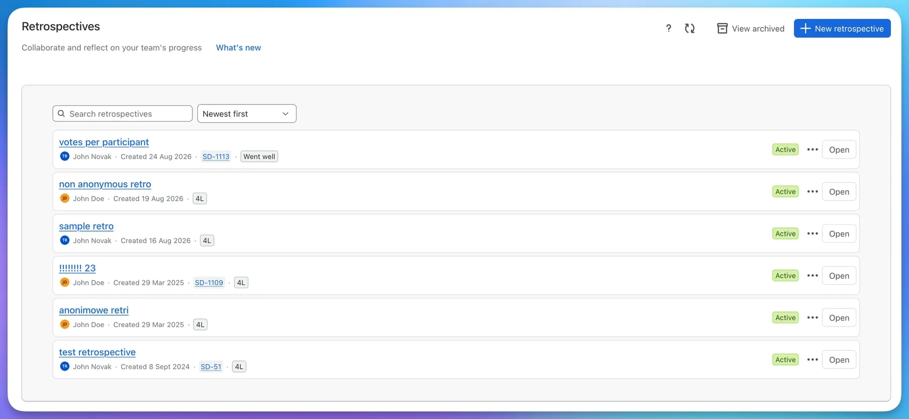 The Retrospectives list with search, sorting and one row per retrospective