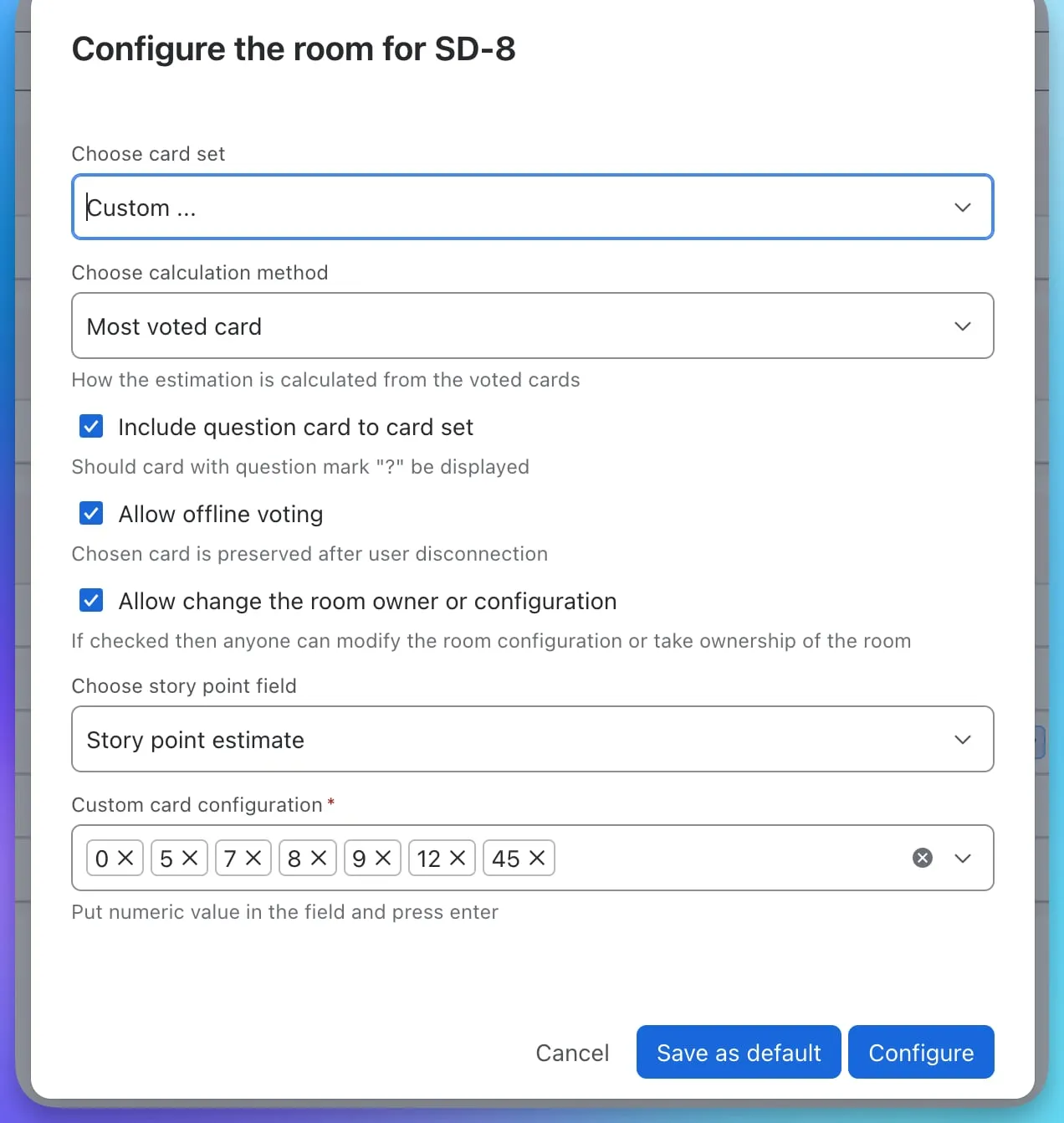 The room configuration dialog with a custom deck, the estimation method, the question card, offline voting, owner change and the story-point field